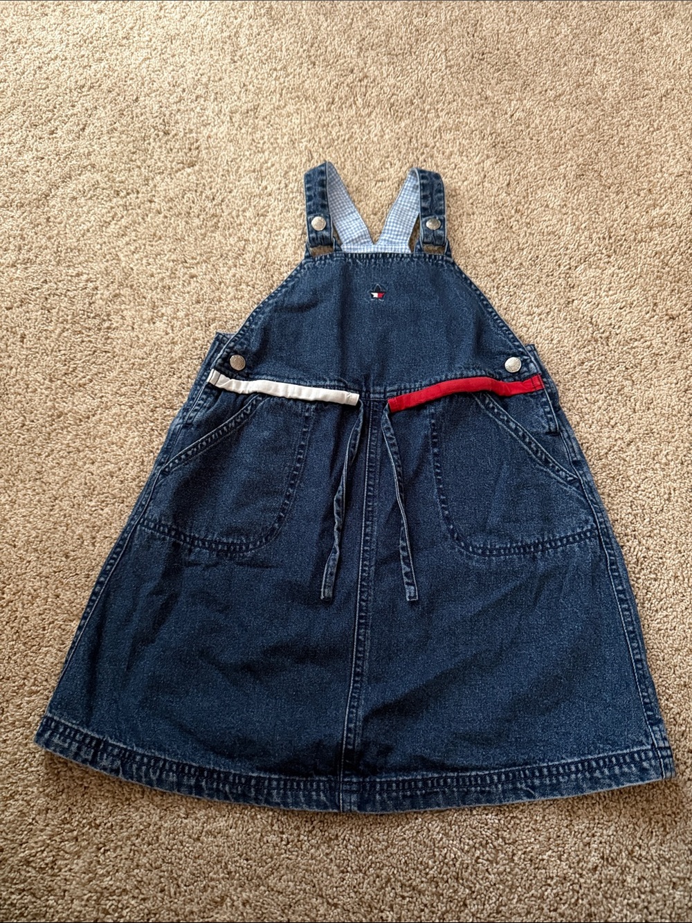 Tommy Hilfiger Dark Blue Denim Overall Dress with Red & White Accents